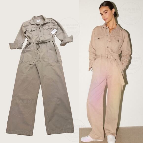 Abercrombie & Fitch L Tan Denim Utility Jumpsuit | Wide Leg Belt Cargo NWT $150 - Picture 2 of 11